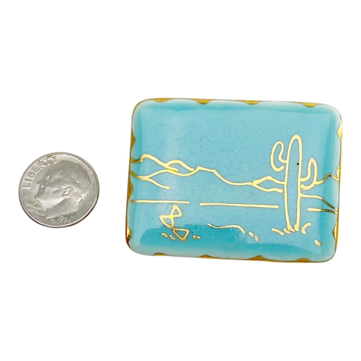 Vintage Turquoise Ceramic Desert Brooch – Gold Saguaro Cactus Line Art Pin
