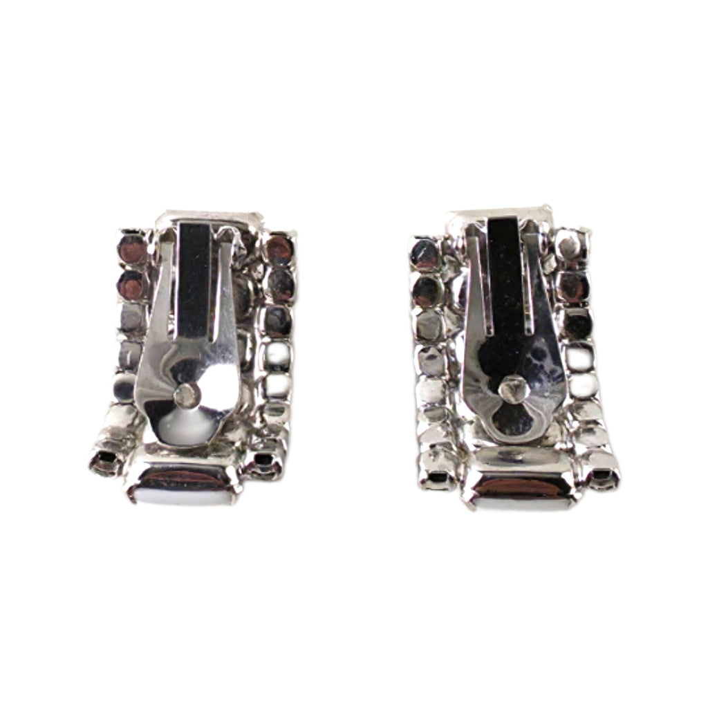 Vintage Milk Glass & Rhinestone J-Hoop Clip-On Earrings – Mid-Century Glam