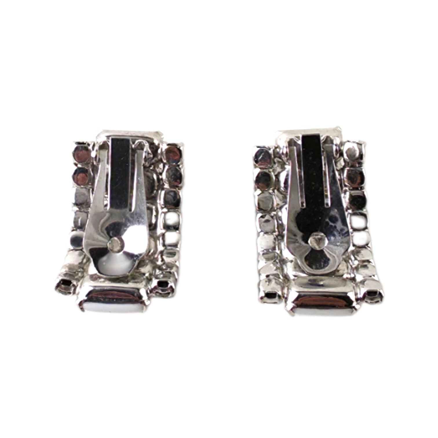 Vintage Milk Glass & Rhinestone J-Hoop Clip-On Earrings – Mid-Century Glam