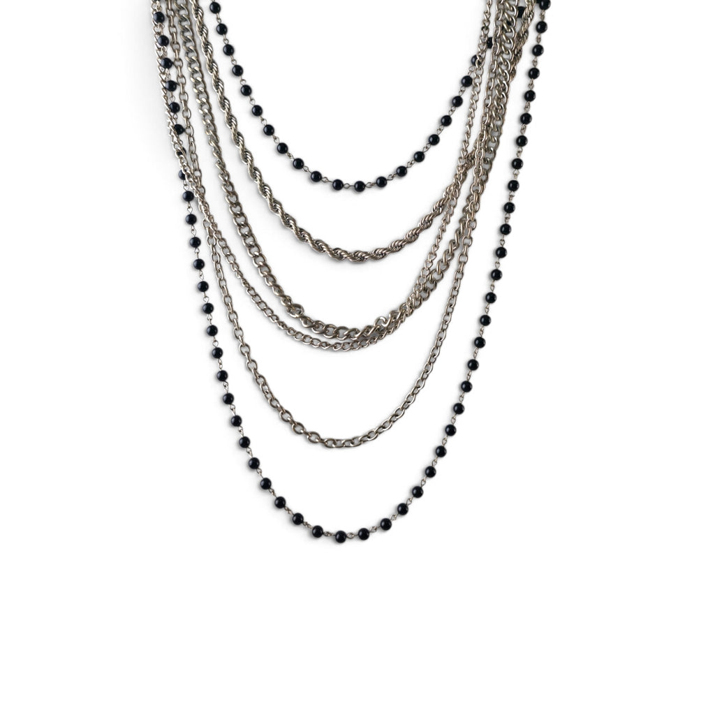Multi Strand Black Bead Silver Tone Chain 17" Layered Statement Necklace Whimsigoth
