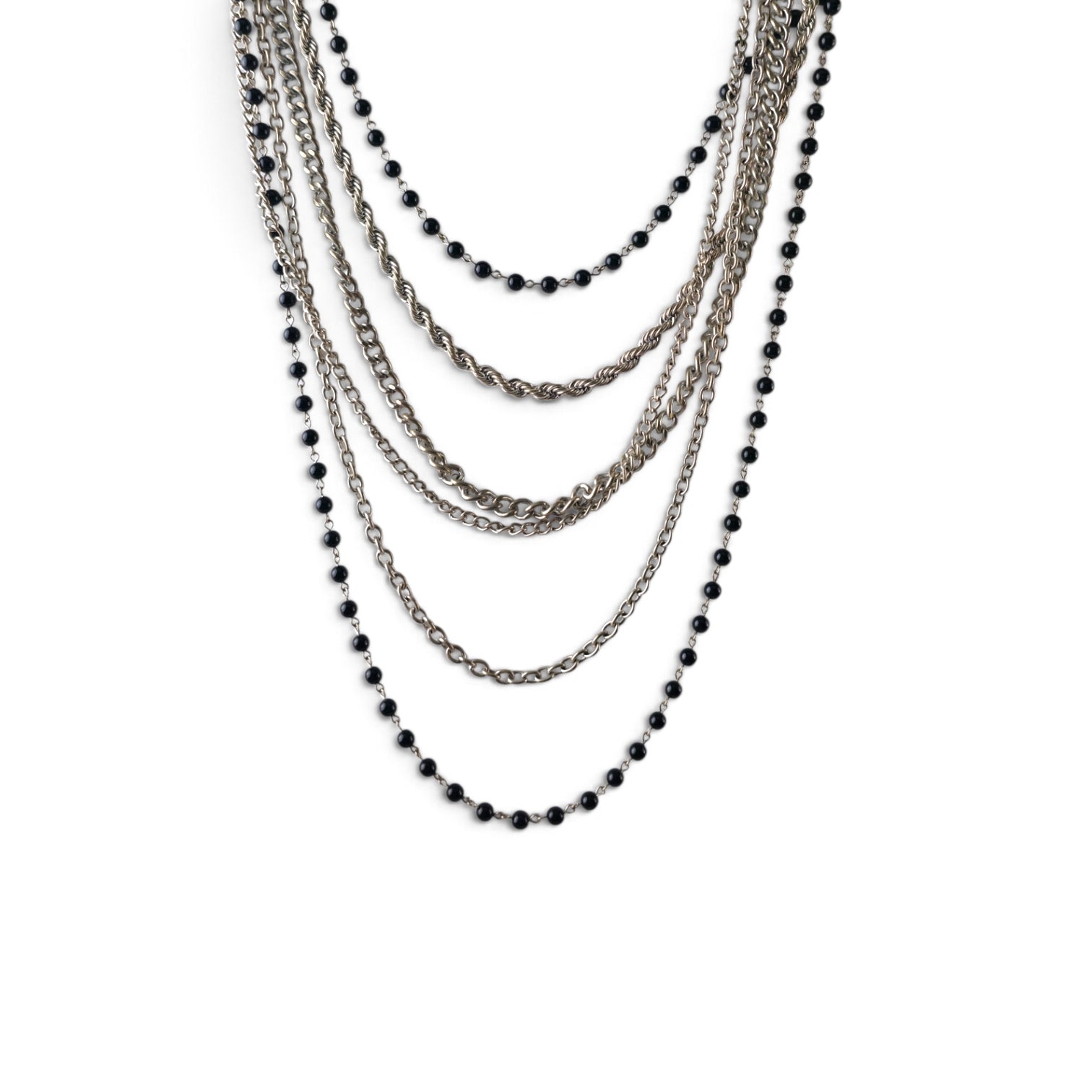 Multi Strand Black Bead Silver Tone Chain 17" Layered Statement Necklace Whimsigoth