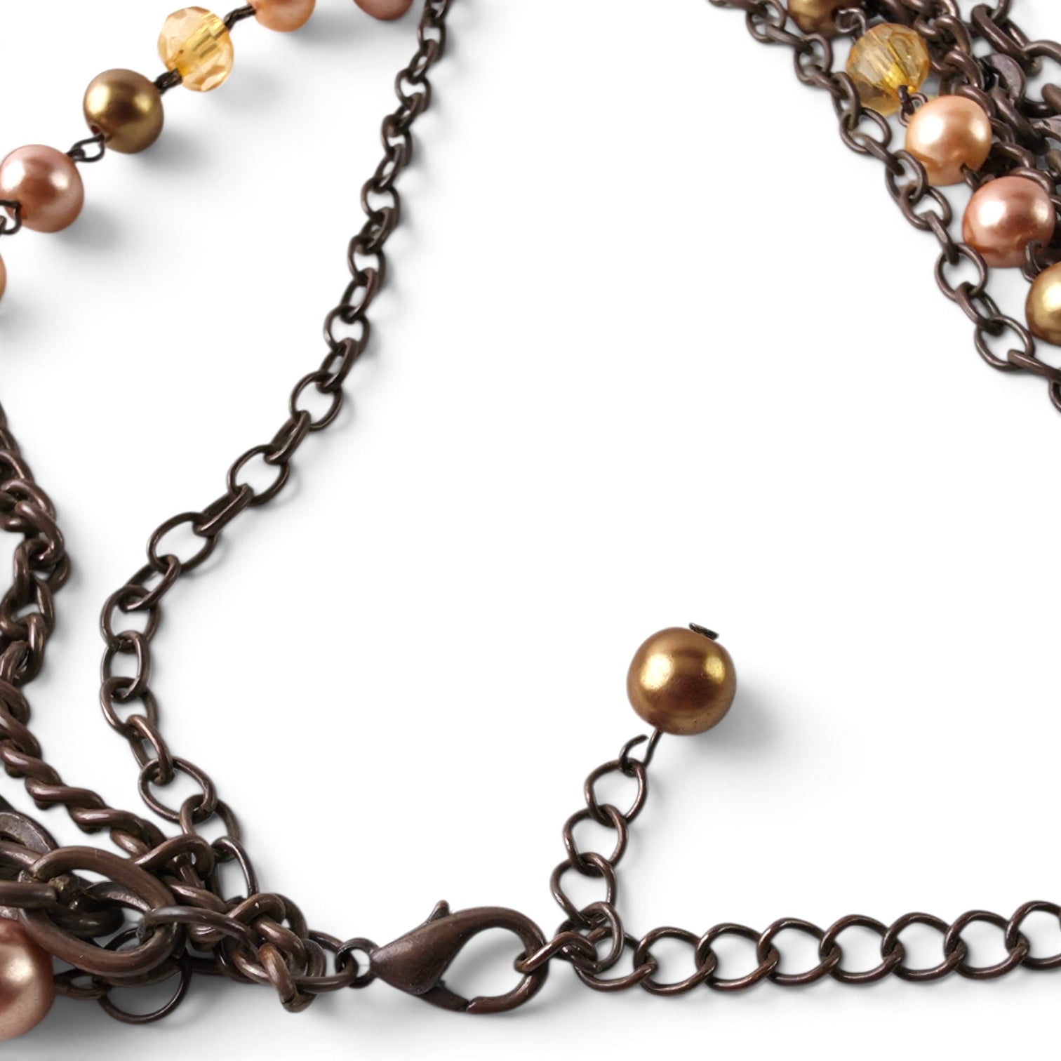 Multi-Strand Layered Chain Necklace 18" Gunmetal Faux Pearl Amber Crystal Boho