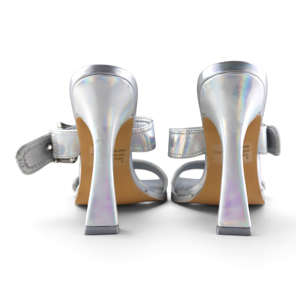 EGO Silver Holographic Metallic Buckle Square Toe Flare Heel Mules