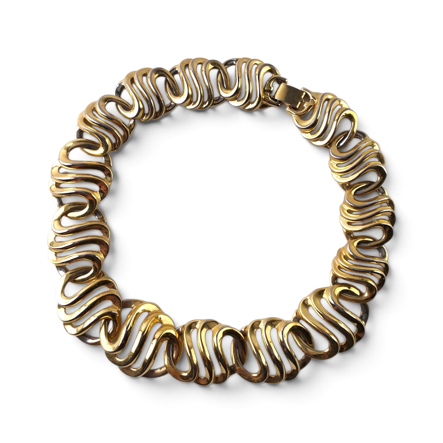Vintage Chunky Gold Tone 17" S-Link Wave Collar Choker Necklace Statement