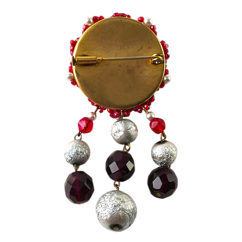 Vintage Crimson Red & Textured Silver Bead Dangle Brooch – Statement Pin