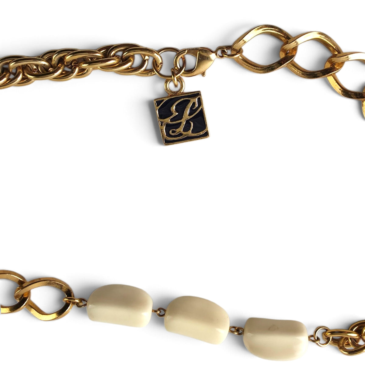 Rare Vintage Estée Lauder Gold Tone Chain Necklace 22" Black & Cream Bead Logo Charm