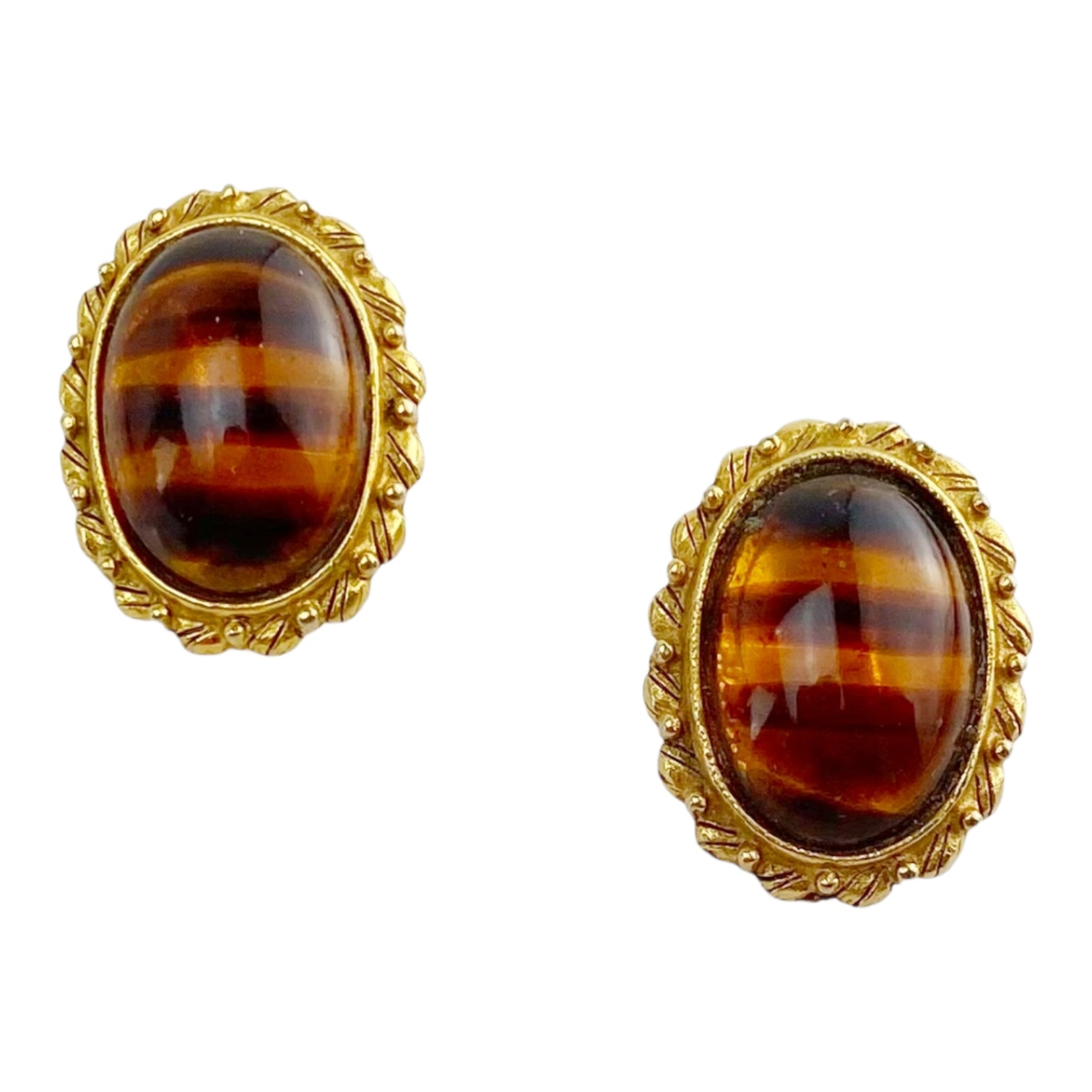 Vintage Gold-Tone Faux Tiger’s Eye Cabochon Oval Clip-On Earrings
