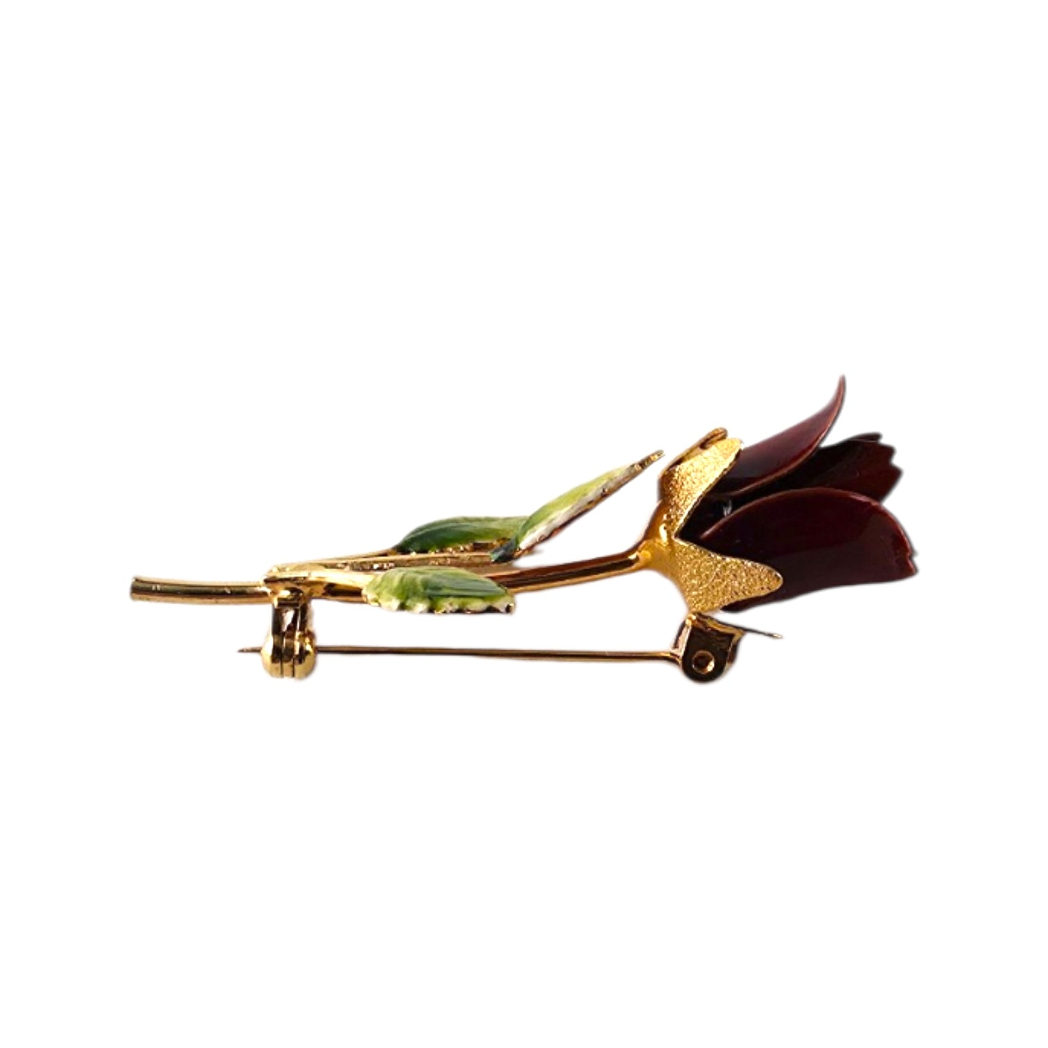 Vintage Enamel Burgundy Red Rose Brooch Pin – Gold-Tone Stem & Green Leaves