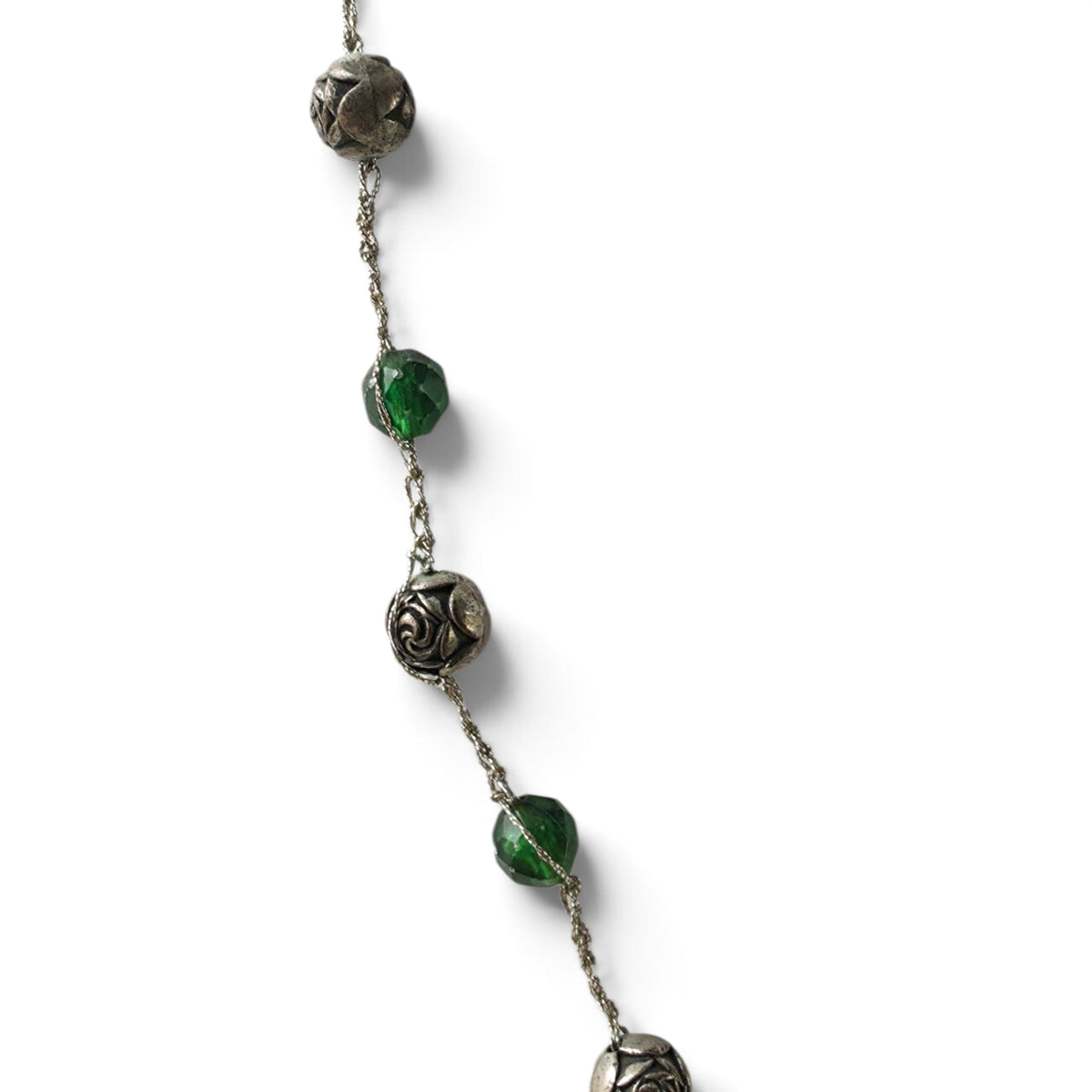 Vintage Emerald Green Faceted Crystal & Antiqued Rose Bead 16" Station Necklace
