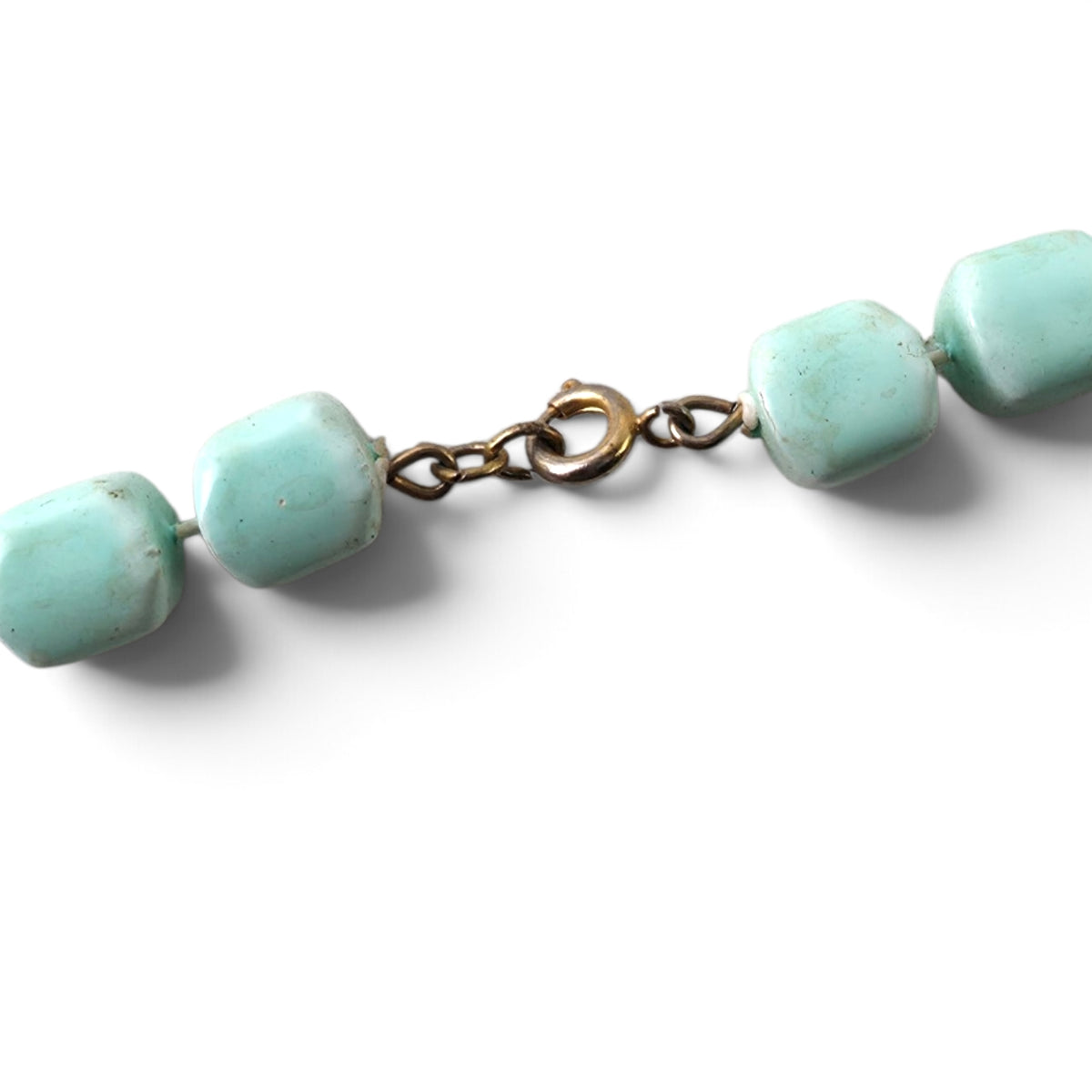 Vintage Turquoise Green Square Barrel Glass Bead Strand Necklace Statement Choker