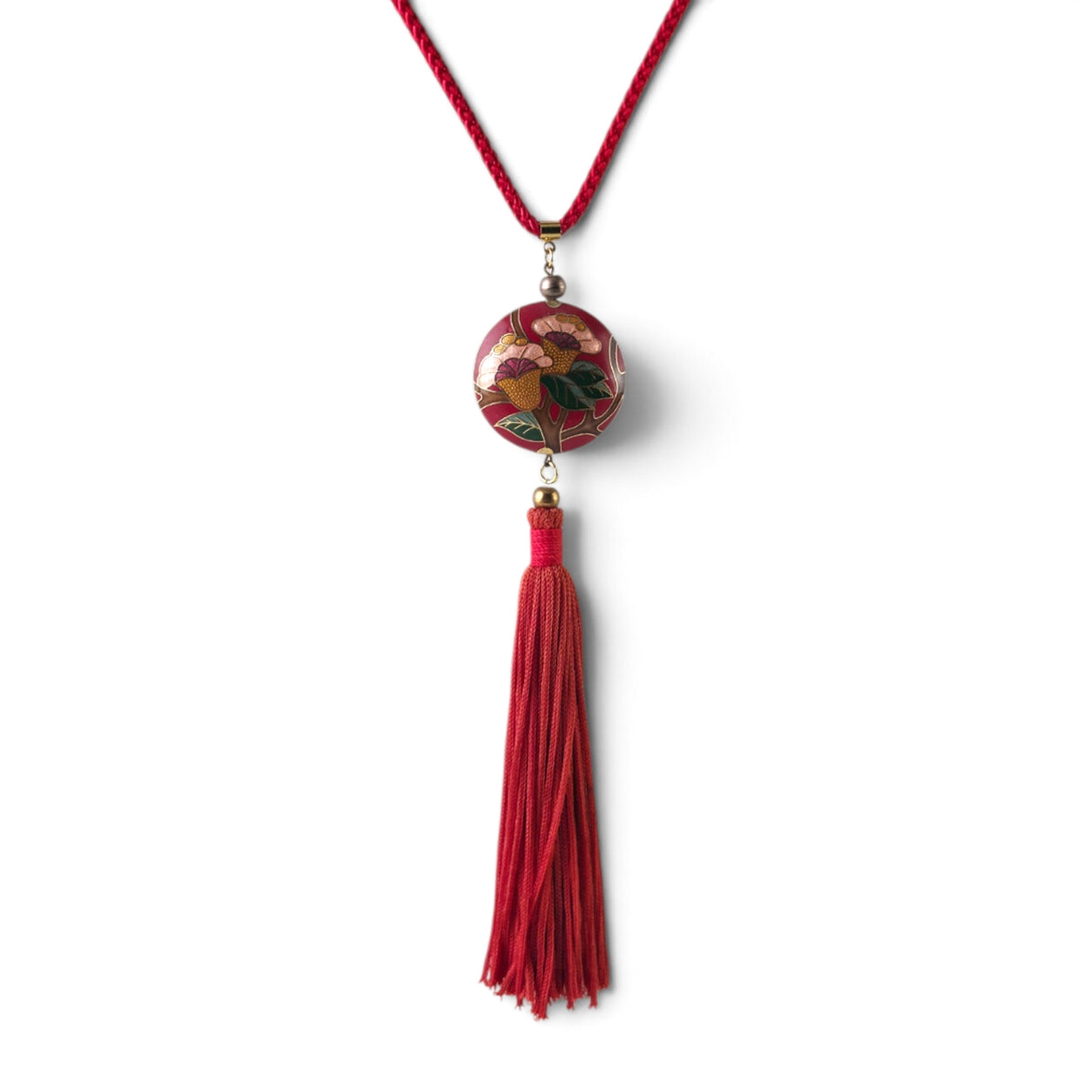 Vintage Cloisonné Floral Pendant Tassel Necklace 15" Red Silk Cord Asian Art