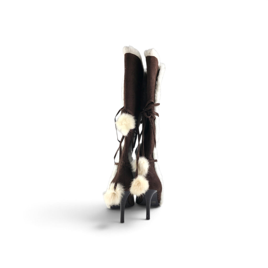 SPLASH Vintage Y2K Brown Suede Faux Fur Trim Pom Pom Stiletto Boots