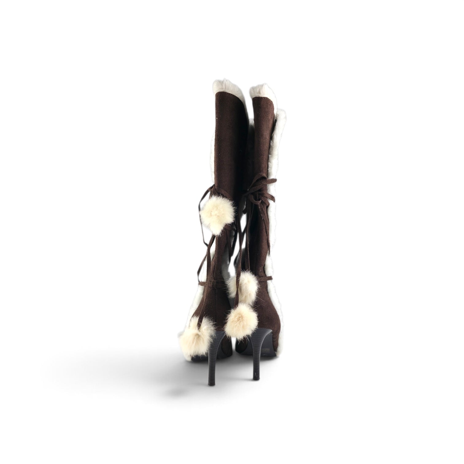 SPLASH Vintage Y2K Brown Suede Faux Fur Trim Pom Pom Stiletto Boots