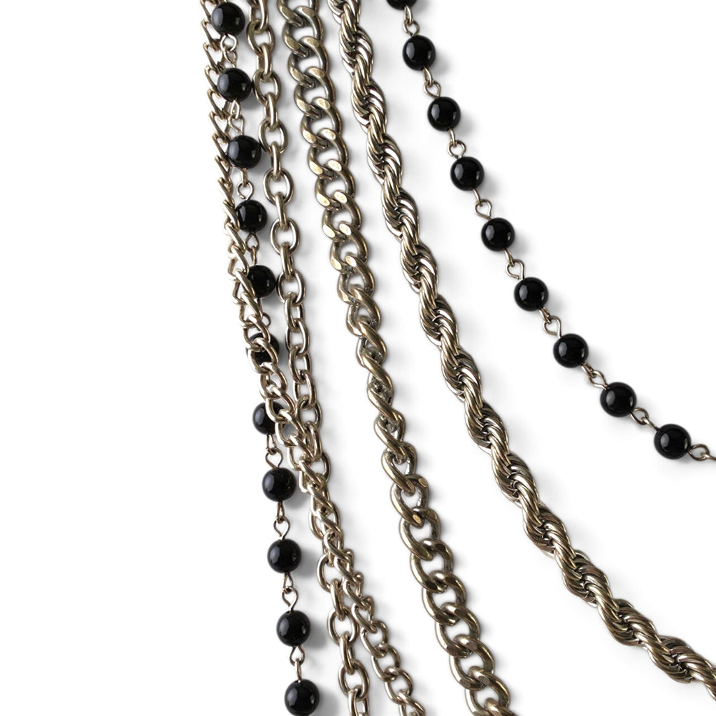 Multi Strand Black Bead Silver Tone Chain 17" Layered Statement Necklace Whimsigoth