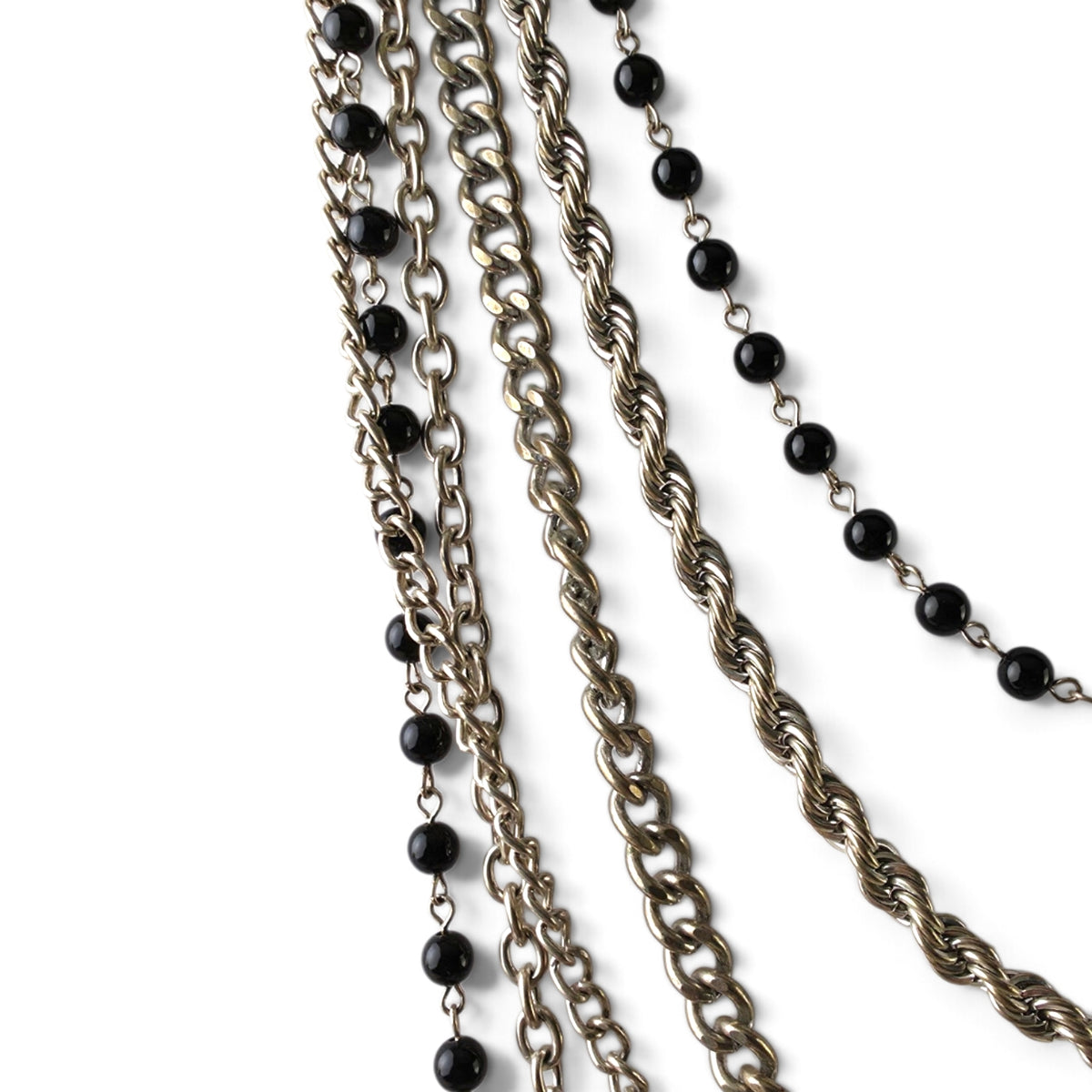 Multi Strand Black Bead Silver Tone Chain 17" Layered Statement Necklace Whimsigoth