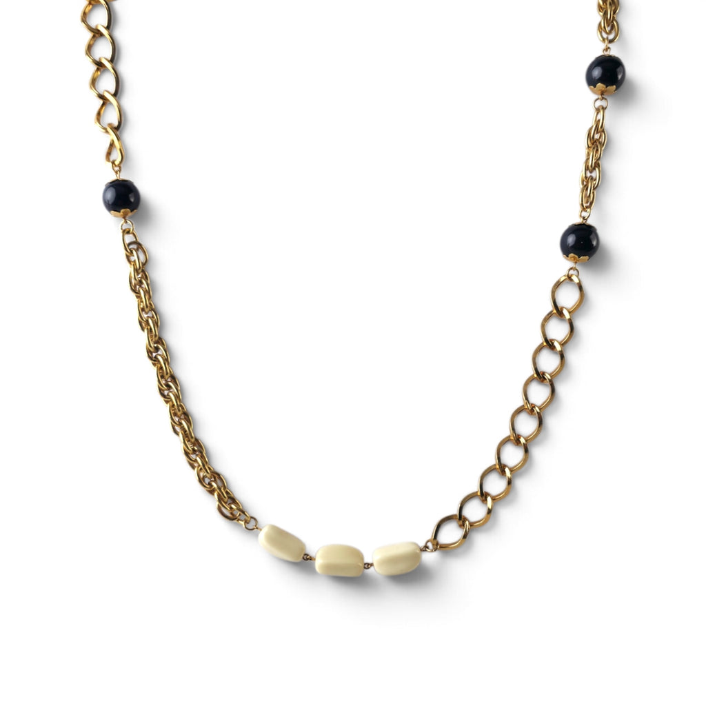 Rare Vintage Estée Lauder Gold Tone Chain Necklace 22" Black & Cream Bead Logo Charm