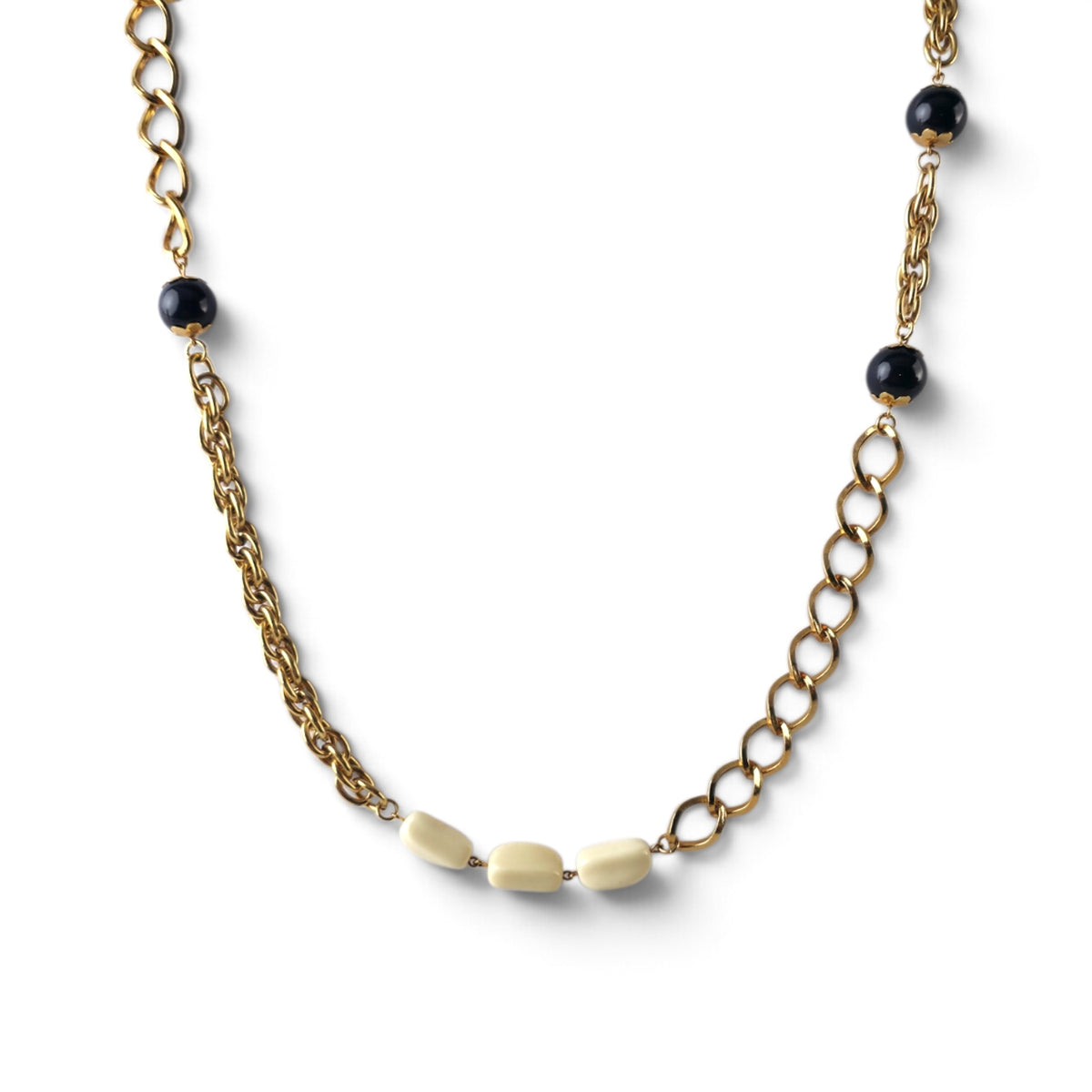 Rare Vintage Estée Lauder Gold Tone Chain Necklace 22" Black & Cream Bead Logo Charm