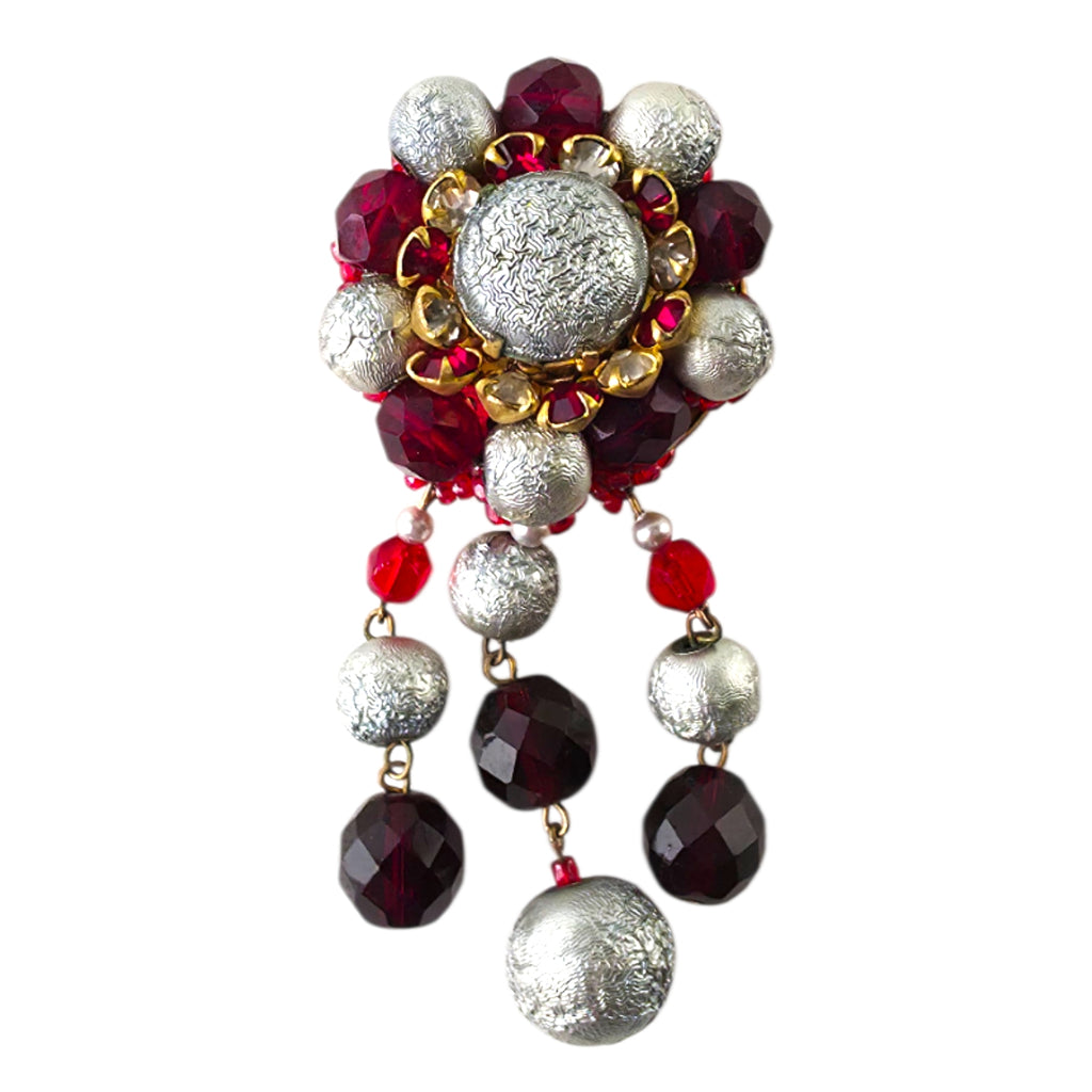 Vintage Crimson Red & Textured Silver Bead Dangle Brooch – Statement Pin