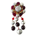 Vintage Crimson Red & Textured Silver Bead Dangle Brooch – Statement Pin