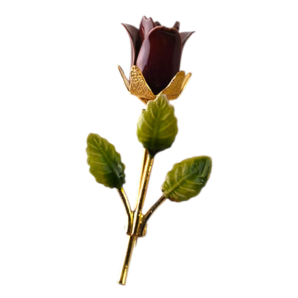 Vintage Enamel Burgundy Red Rose Brooch Pin – Gold-Tone Stem & Green Leaves