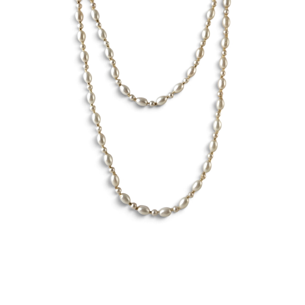 Vintage 52" Faux Pearl Long Opera Flapper Necklace Cream Oval Rice Beads Gold Accents