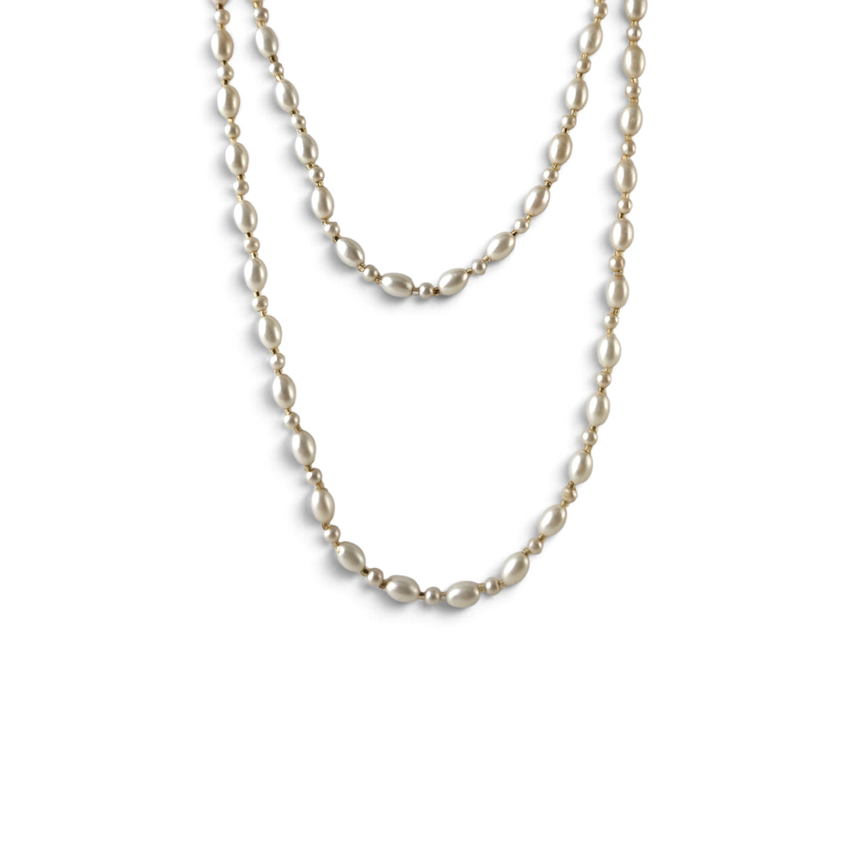 Vintage 52" Faux Pearl Long Opera Flapper Necklace Cream Oval Rice Beads Gold Accents