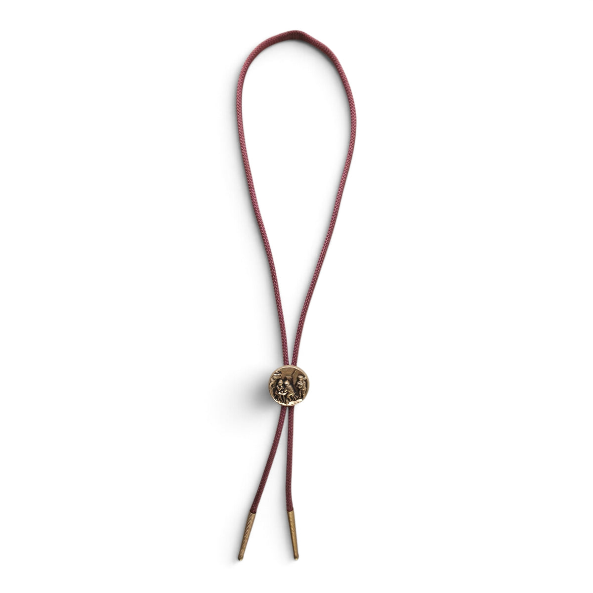 Vintage Brass Relief Scene Bolo Tie 17" Mauve Pink Cord Tavern Cellar Medallion
