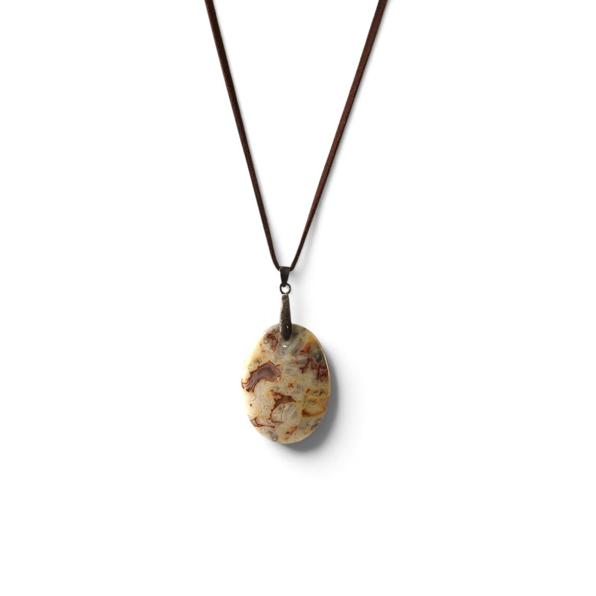 Vintage Crazy Lace Agate Pendant Necklace 12" Natural Stone Leather Cord Statement