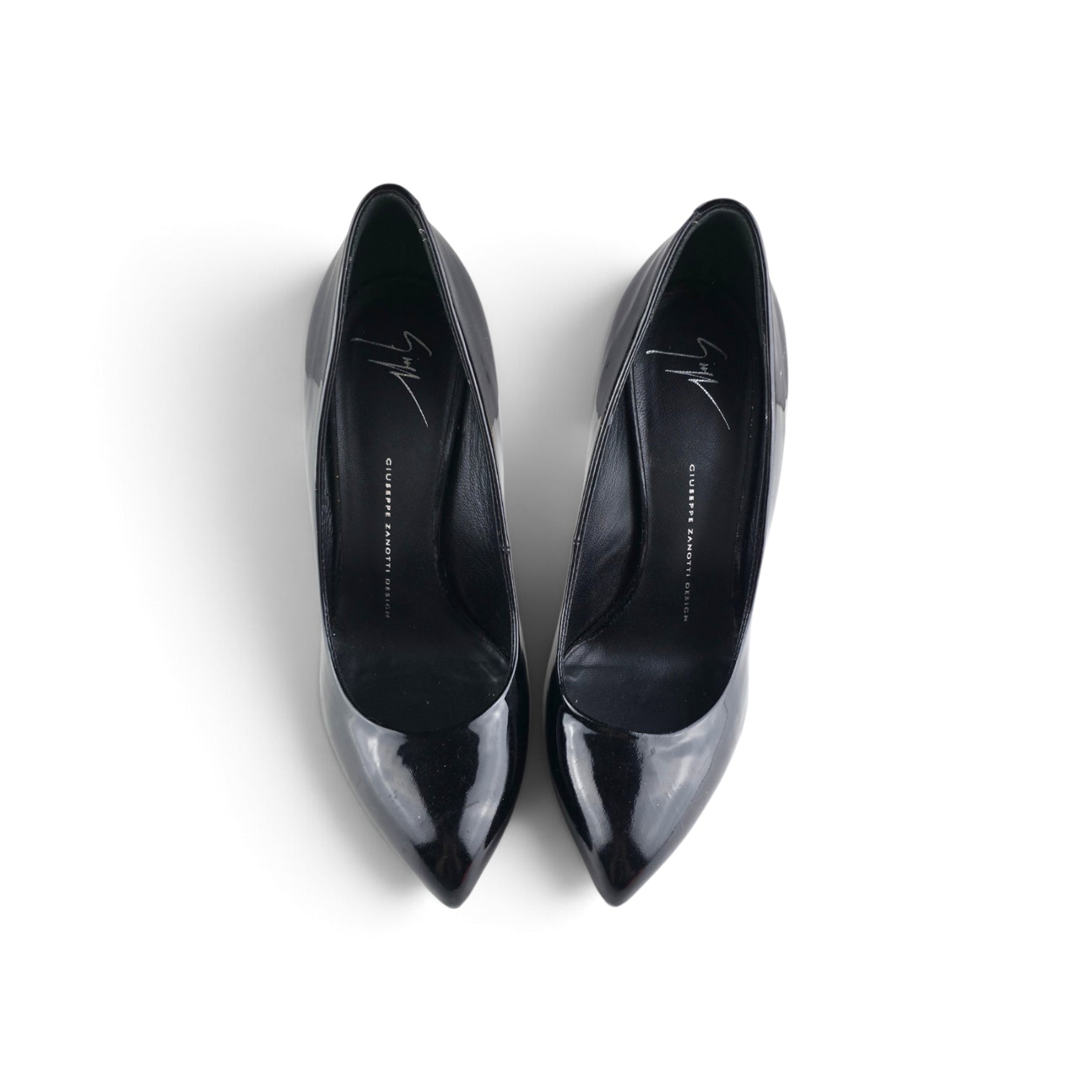 GIUSEPPE ZANOTTI Black Patent Leather Metallic Gold Sculpted Stiletto Heels