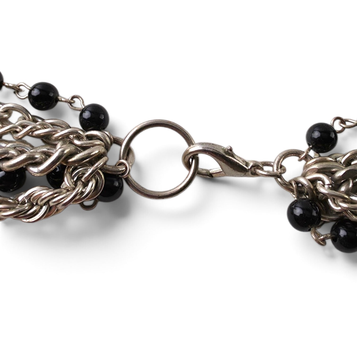 Multi Strand Black Bead Silver Tone Chain 17" Layered Statement Necklace Whimsigoth