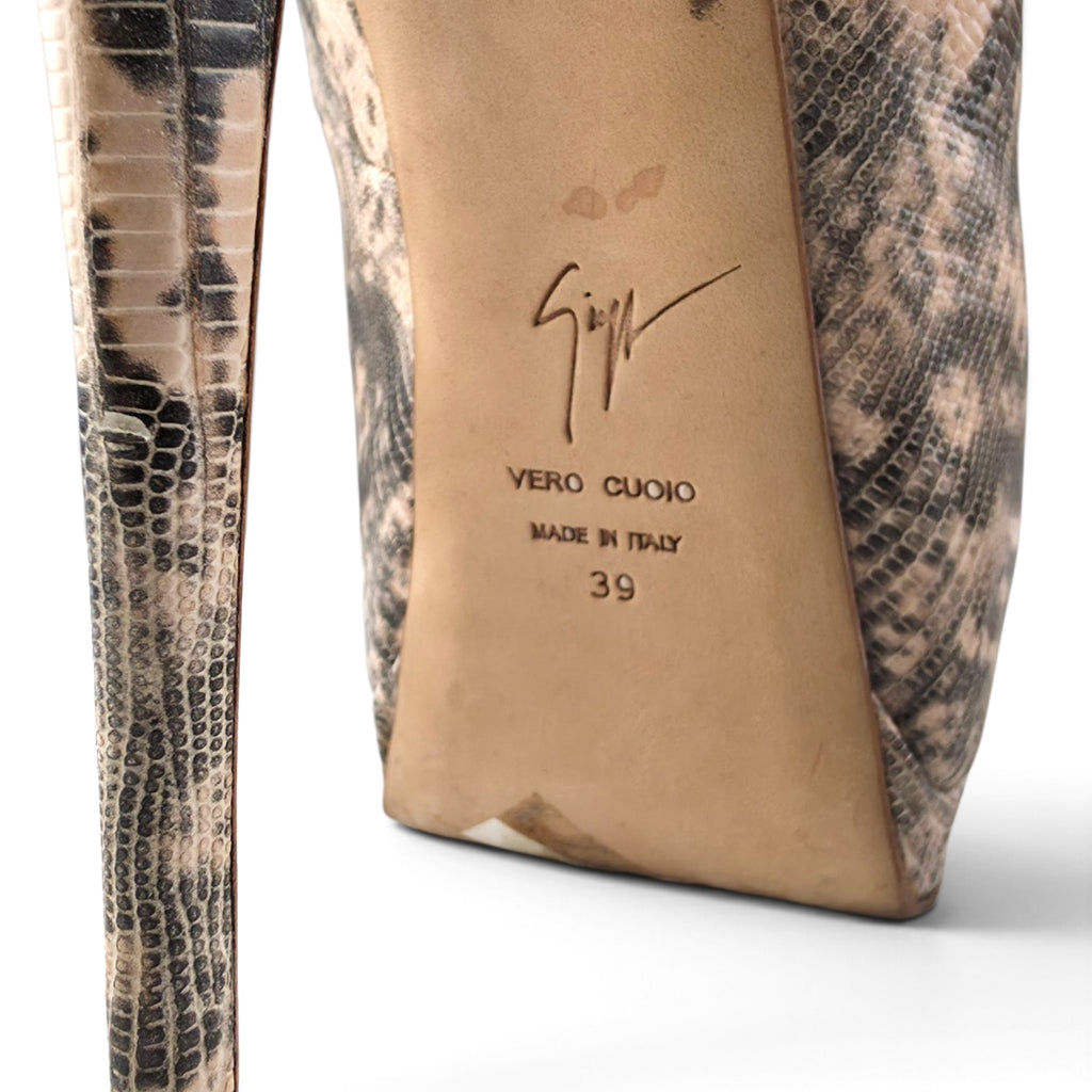 GIUSEPPE ZANOTTI Snake Lizard Print Platform Peep Toe Stiletto Heels