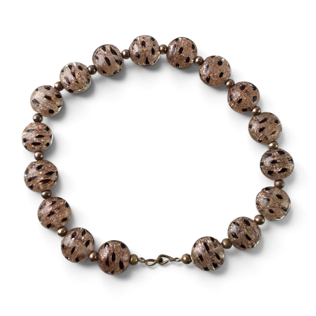 Vintage Murano Style Gold Dust Glass Bead Necklace 8" Leopard Animal Print Art Glass