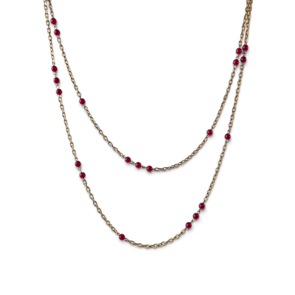 Vintage Monet Gold Tone Double Strand Necklace 26" Red Bead Stations Signed