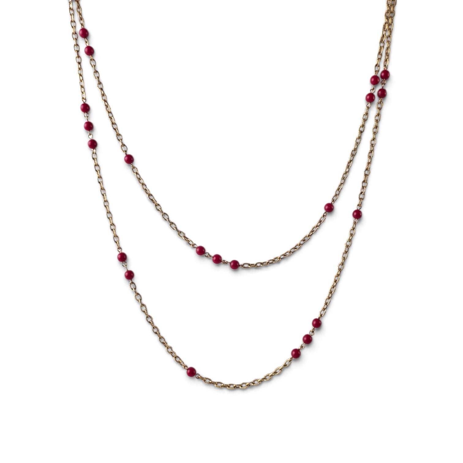 Vintage Monet Gold Tone Double Strand Necklace 26" Red Bead Stations Signed
