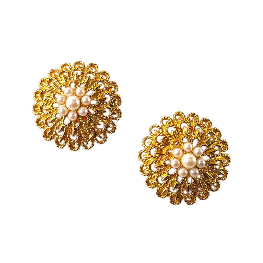 Vintage Faux Pearl Floral Cluster Clip-On Earrings – Gold Filigree Openwork