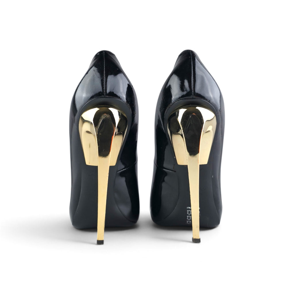 GIUSEPPE ZANOTTI Black Patent Leather Metallic Gold Sculpted Stiletto Heels
