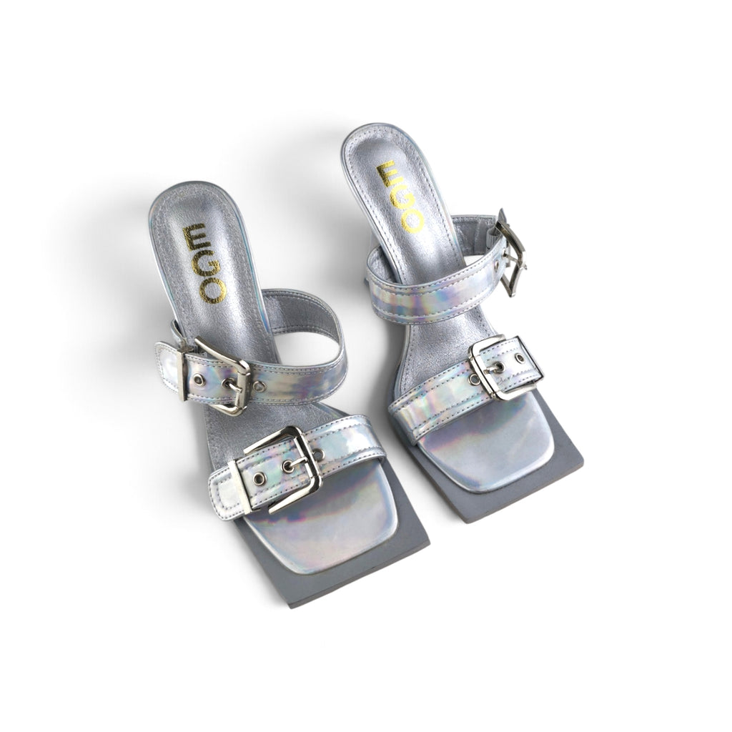 EGO Silver Holographic Metallic Buckle Square Toe Flare Heel Mules