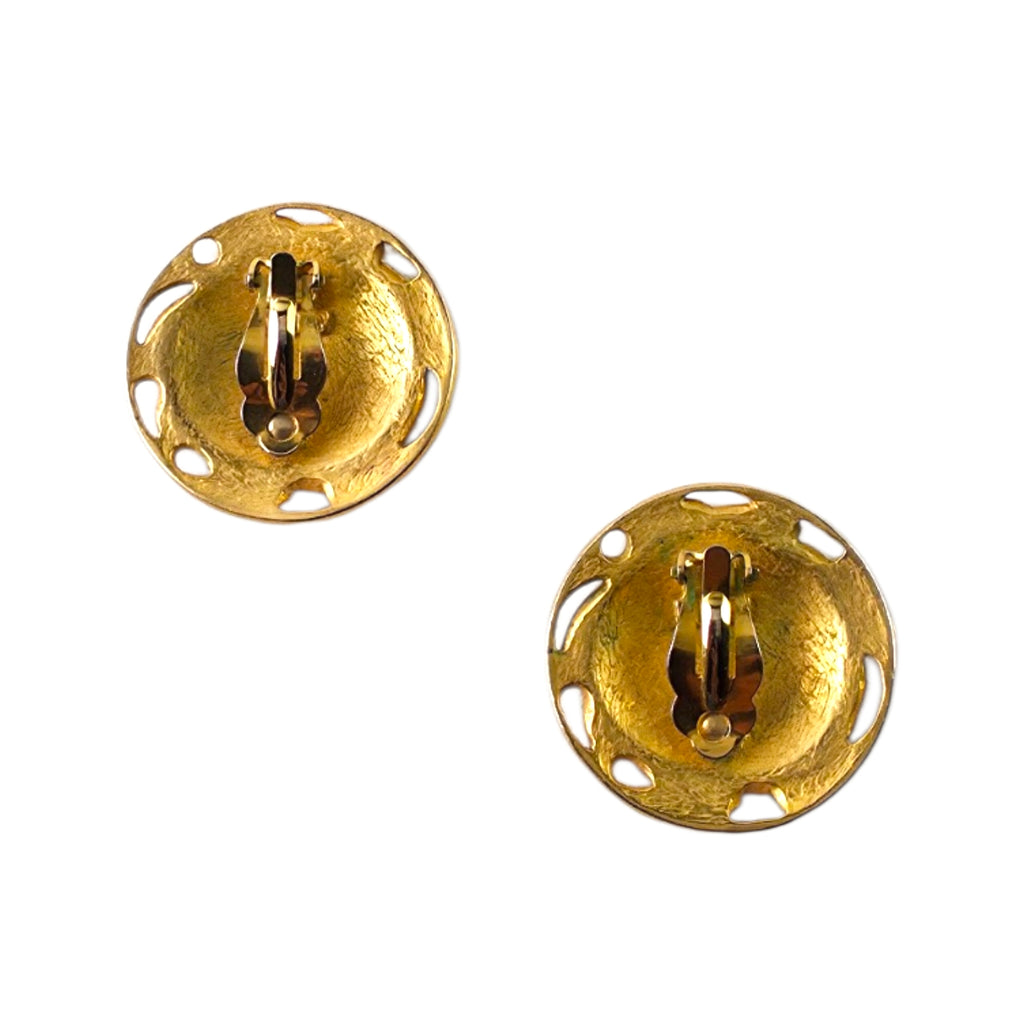 Vintage LIA Signed Gold-Tone Glossy Black Enamel Round Clip-On Earrings – Runway Style