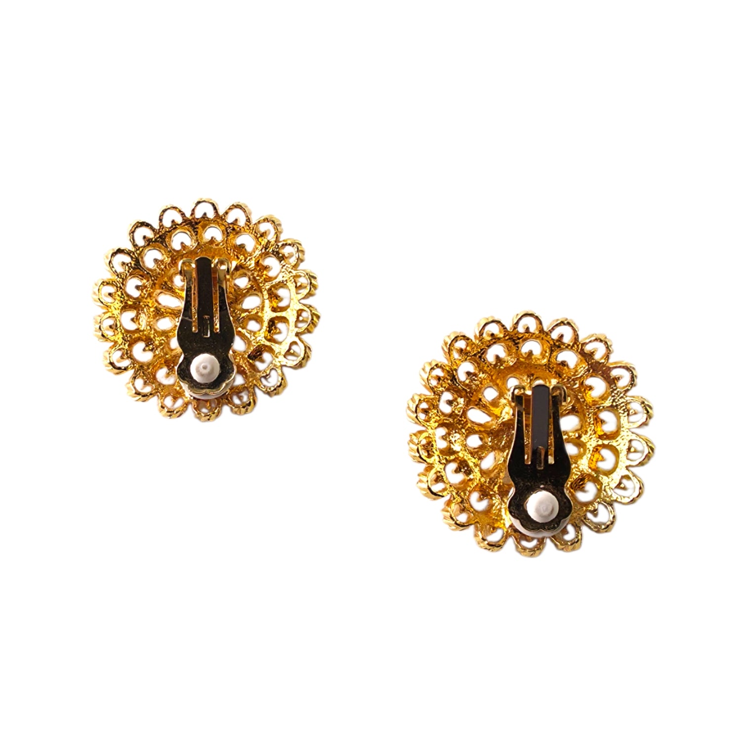 Vintage Faux Pearl Floral Cluster Clip-On Earrings – Gold Filigree Openwork