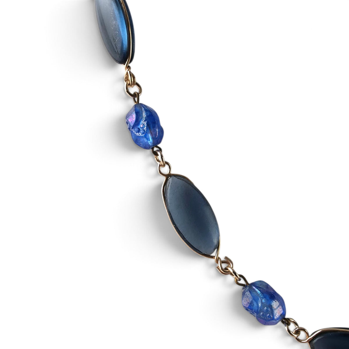 Rare Vintage West Germany 24" Blue Glass Cabochon & Molded Bead Station Necklace