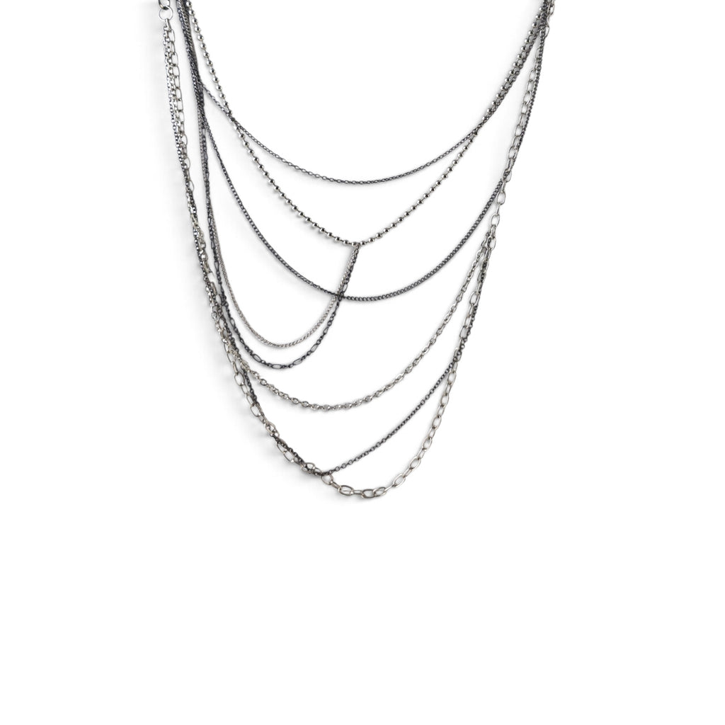 Vintage Multi Strand Layered Waterfall Necklace 32" Silver Gunmetal Mixed Links