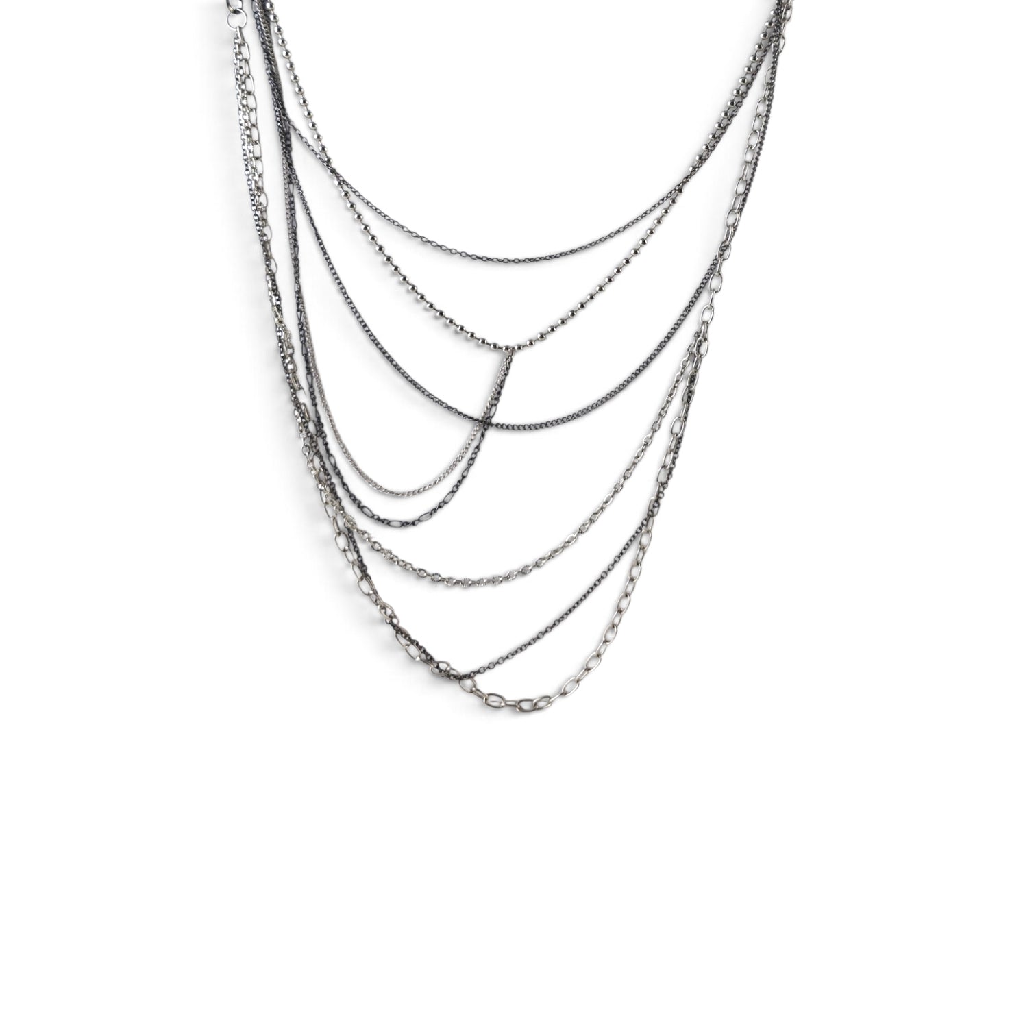 Vintage Multi Strand Layered Waterfall Necklace 32" Silver Gunmetal Mixed Links